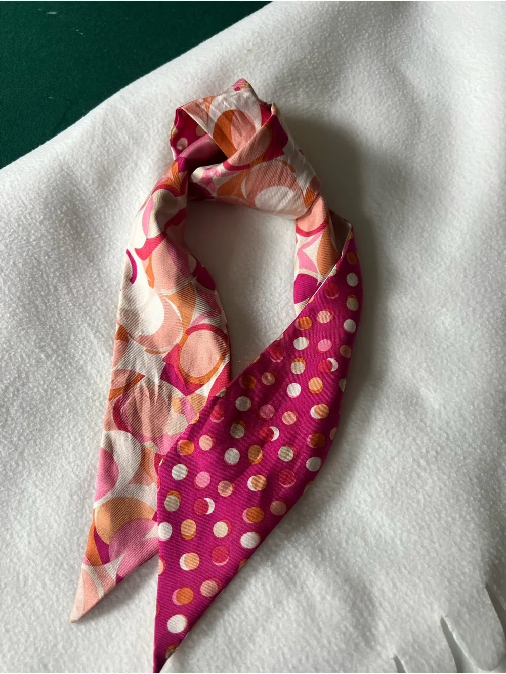 Coach Silk Polka Dot Twilly in Hot Pink with Orange and Cream Accents - Picture 2 of 4